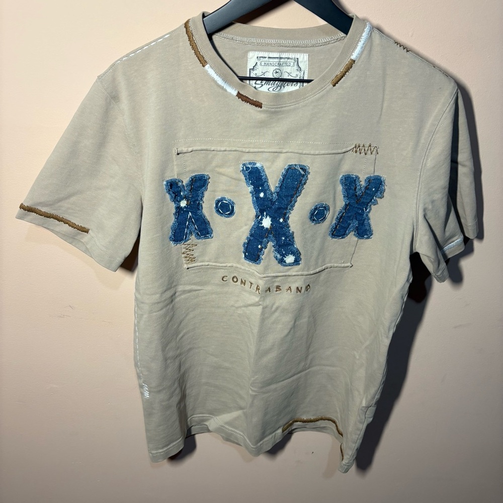Smugglers Moon Contraband X.X.X Denim Patch Tee Beige Size M